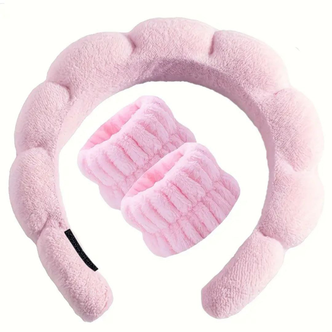 Diadema skincare con pulseras rosa